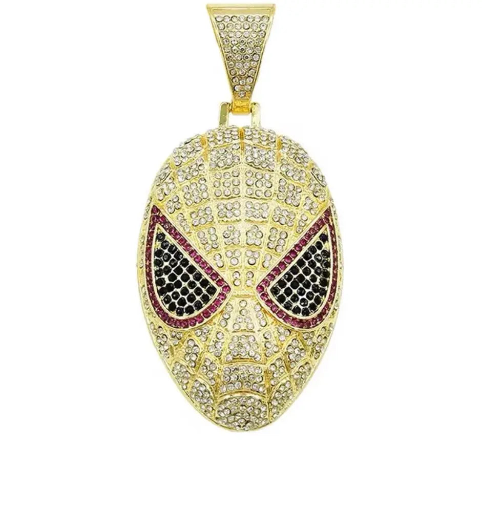 Hip-hop full diamond three-dimensional mask Spider-Man cartoon pendant Cuban necklace for men, Male Hip-hop rapper NB Design