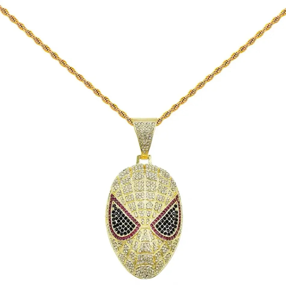 Hip-hop full diamond three-dimensional mask Spider-Man cartoon pendant Cuban necklace for men, Male Hip-hop rapper NB Design