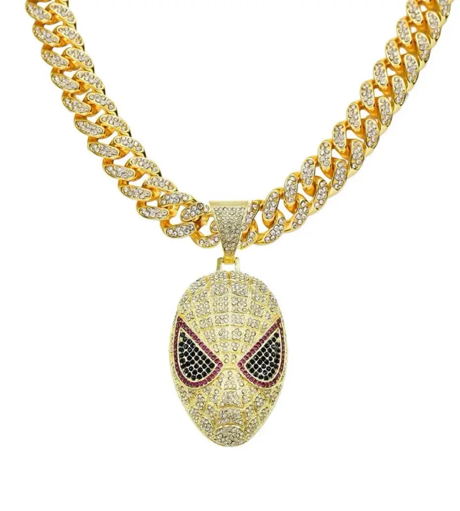 Hip-hop full diamond three-dimensional mask Spider-Man cartoon pendant Cuban necklace for men, Male Hip-hop rapper NB Design