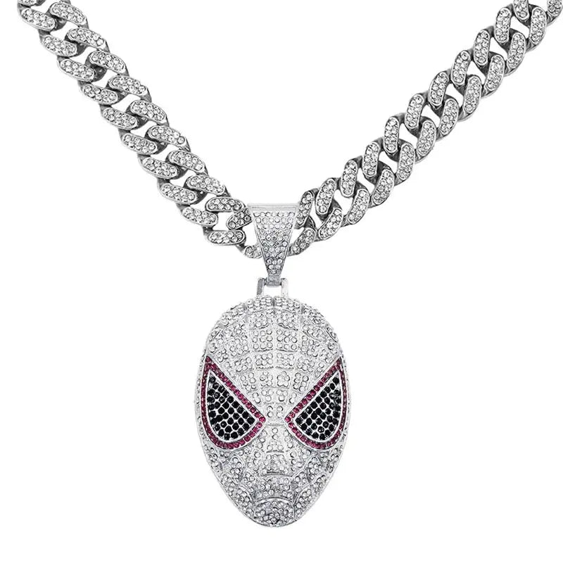 Hip-hop full diamond three-dimensional mask Spider-Man cartoon pendant Cuban necklace for men, Male Hip-hop rapper NB Design