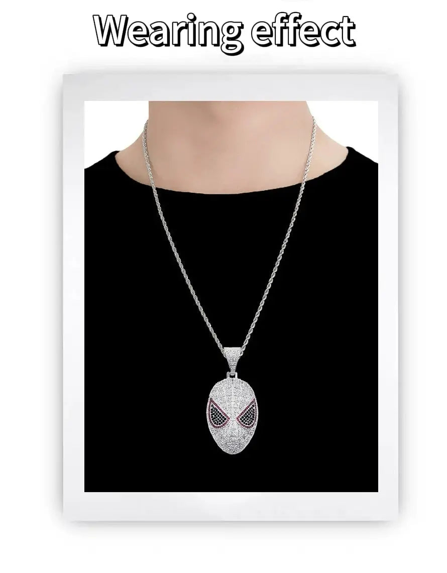 Hip-hop full diamond three-dimensional mask Spider-Man cartoon pendant Cuban necklace for men, Male Hip-hop rapper NB Design