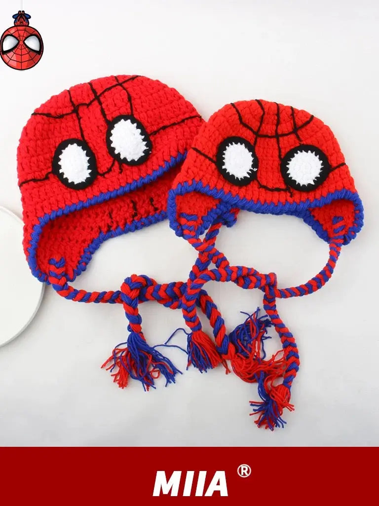 Spider-Man style funny woolen hat for children, suitable for autumn and winter, a warm and protective ear cover for parents and children, a handmade knitted hat with a hood for men. NB Design