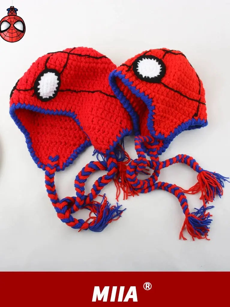 Spider-Man style funny woolen hat for children, suitable for autumn and winter, a warm and protective ear cover for parents and children, a handmade knitted hat with a hood for men. NB Design