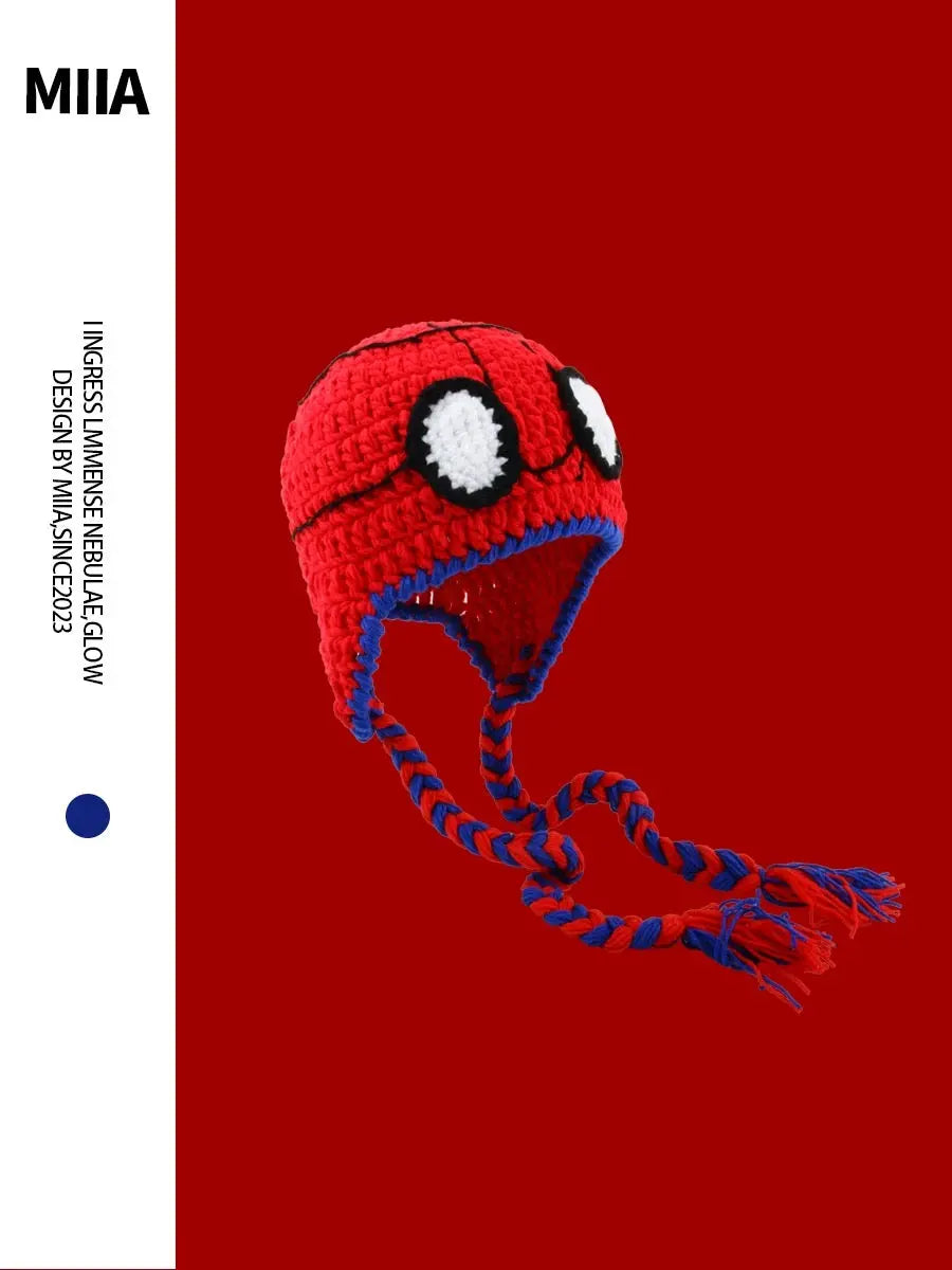 Spider-Man style funny woolen hat for children, suitable for autumn and winter, a warm and protective ear cover for parents and children, a handmade knitted hat with a hood for men. NB Design